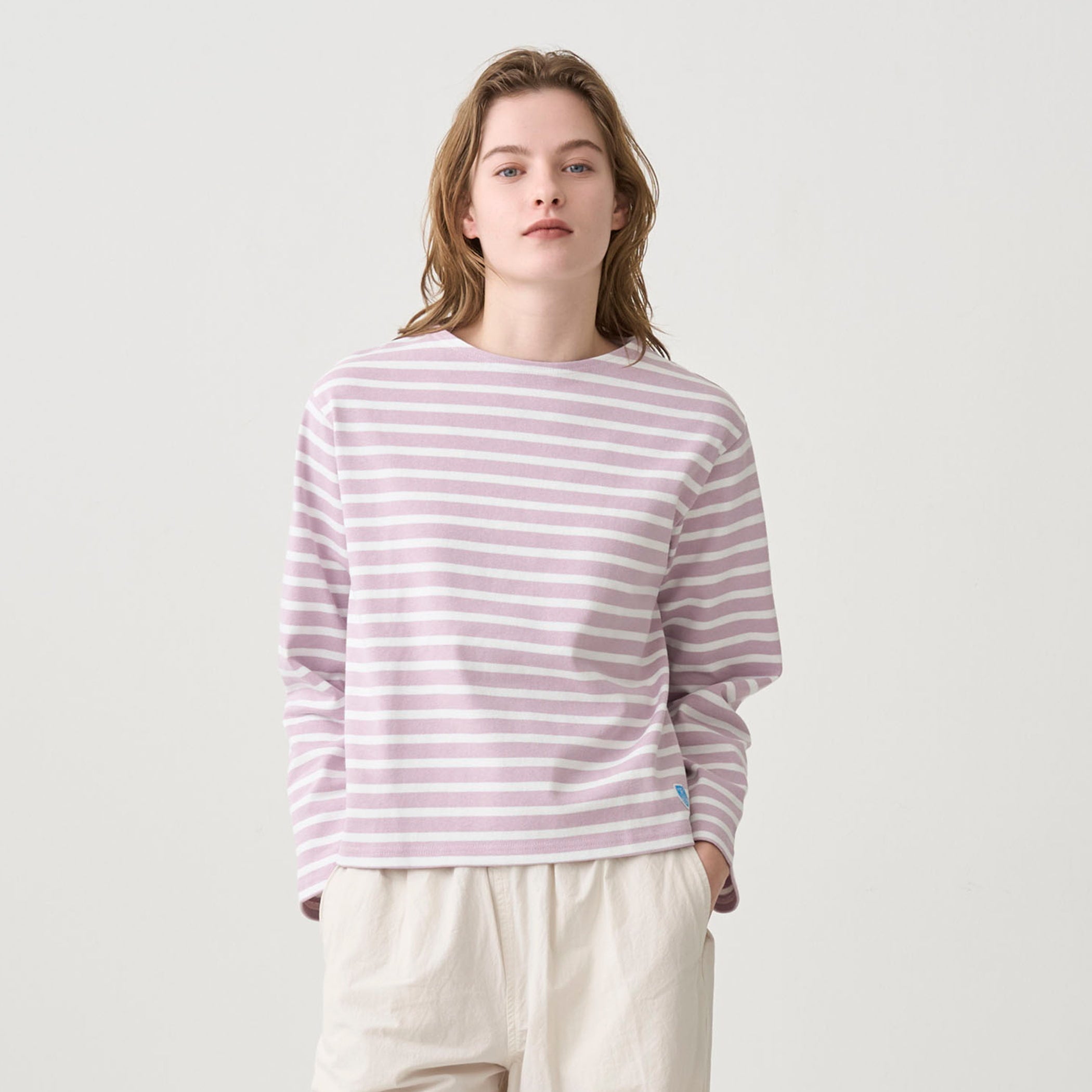 Women's Cotton Lourd Crew Neck Wide Basque Shirt Border
