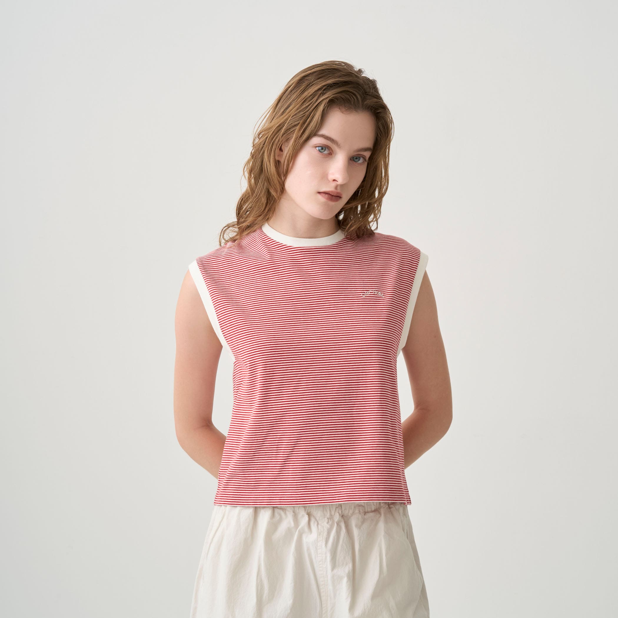 Women's Yarn Dyed Jersey Embroidery Sleeveless T-shirt