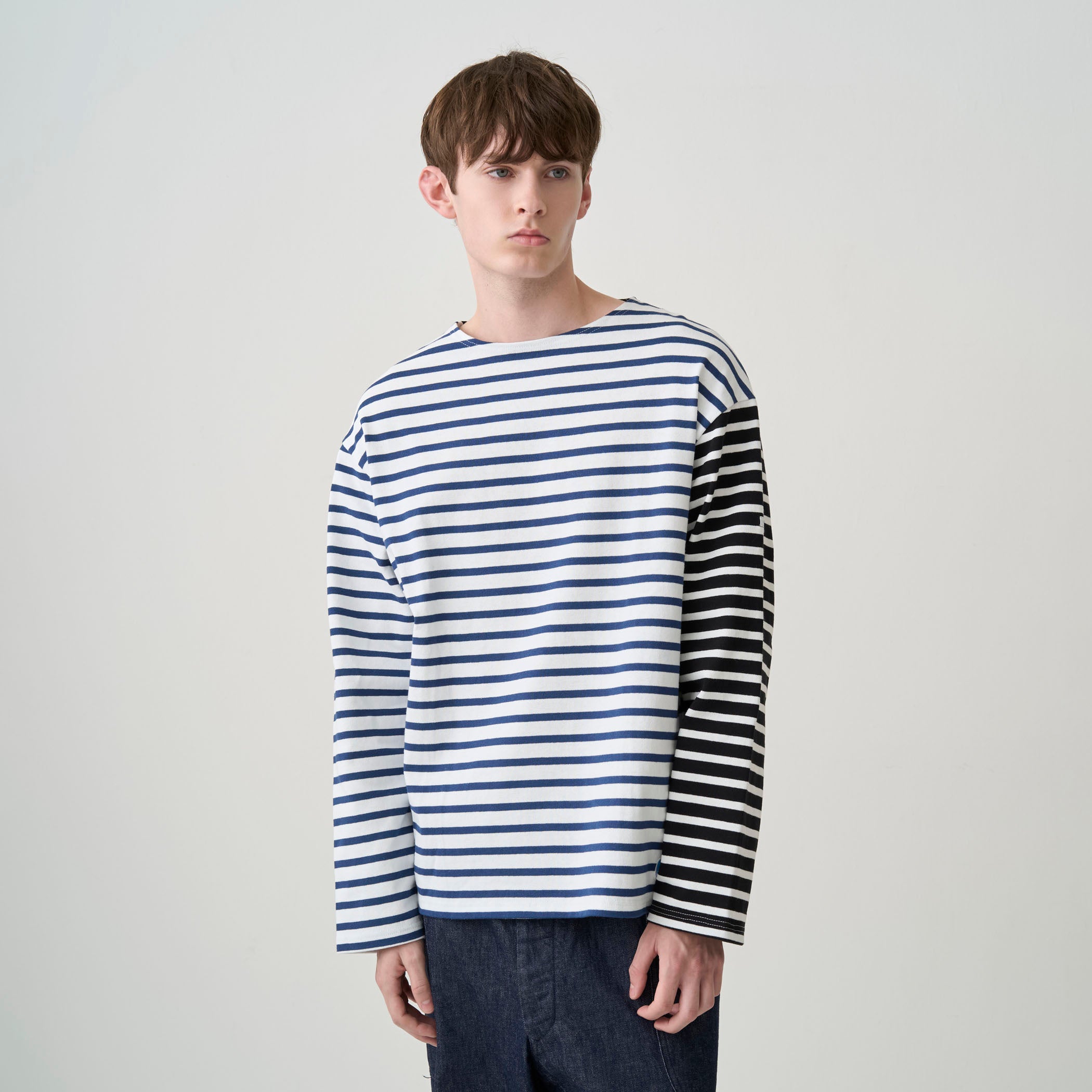 Men's Cotton Lourd Crew Neck Basque Shirt Bicolor Border