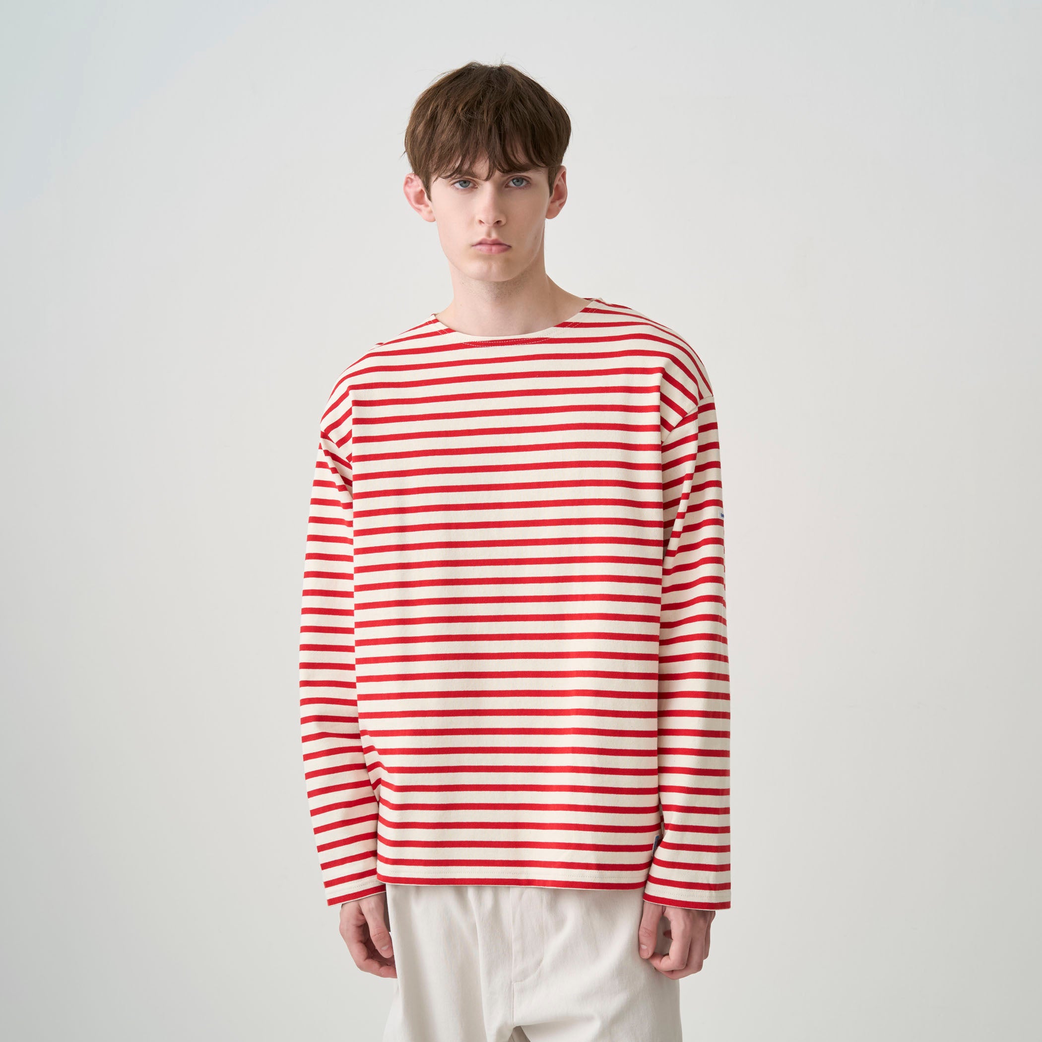 Men's Cotton Lourd Crew Neck Wide Basque Shirt Border